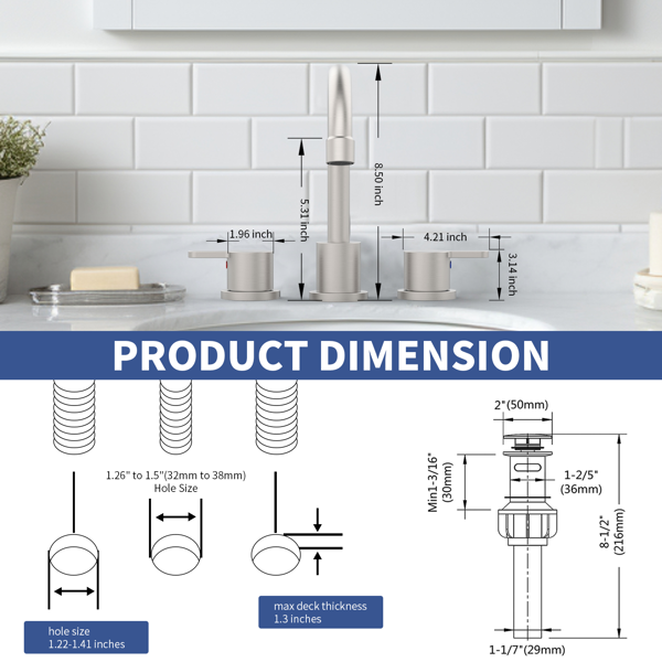 大面积浴室洗手盆水龙头拉丝镍2手柄8英寸3孔360°旋转喷嘴洗手盆，带弹出式排水组件[周末无法发货，TK/TEMU仅支持自提]-2