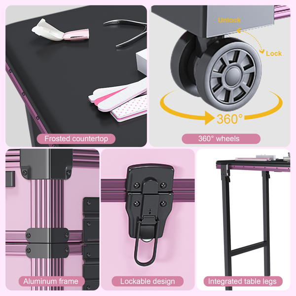 便携式美甲桌，带 LED 镜子、蓝牙、可上锁抽屉、伸缩杆 - 沙龙折叠美甲台（粉色）-6