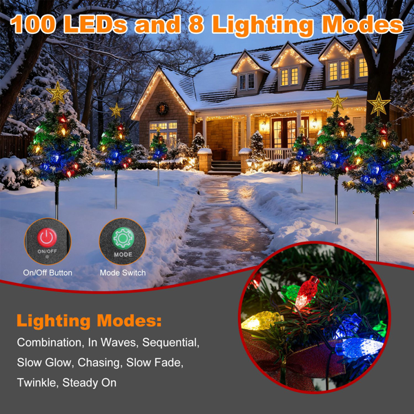 （自提可发加拿大，temu&tk下自提单）2包太阳能圣诞树灯 37.4英寸 - 100颗LED 4色8模式，IP44防水户外步道装饰灯带附挂饰-8