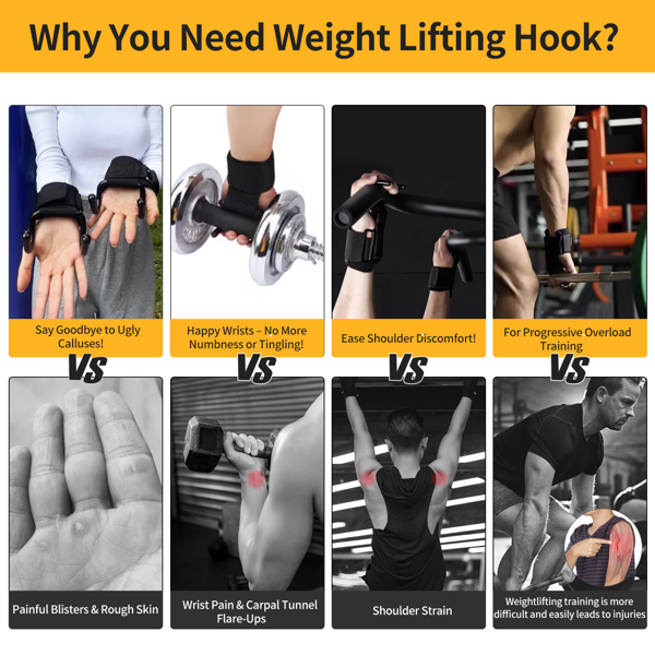 男女举重挂钩（一对），330 磅重型健身房举重腕带挂钩，适用于硬拉、引体向上、力量训练，0.4 英寸握力青少年举重挂钩-5