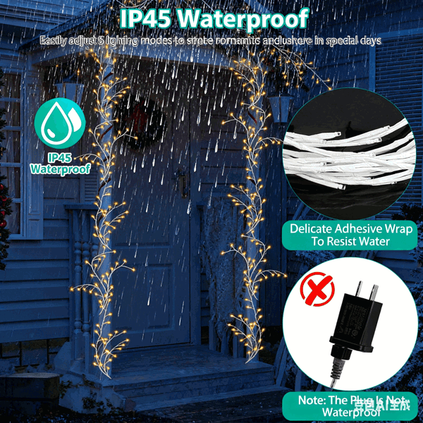 （自提可发加拿大，temu，tk下自提单）-发光桦树花环，7.87英尺（约2.4米）长，含144颗暖白LED灯珠，8种模式可选，配备遥控器与定时器，IP45防水等级柔性枝条，适用于家居装饰。-6