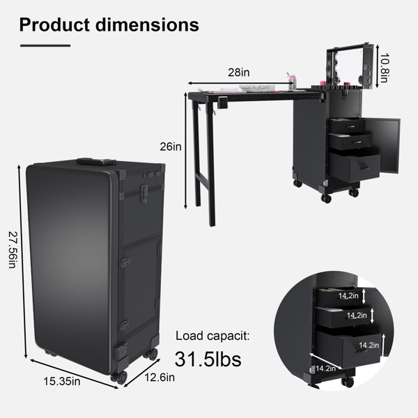 便携式美甲桌，带 LED 镜子、蓝牙、可上锁抽屉、伸缩杆 - 沙龙折叠美甲台（黑色）-3