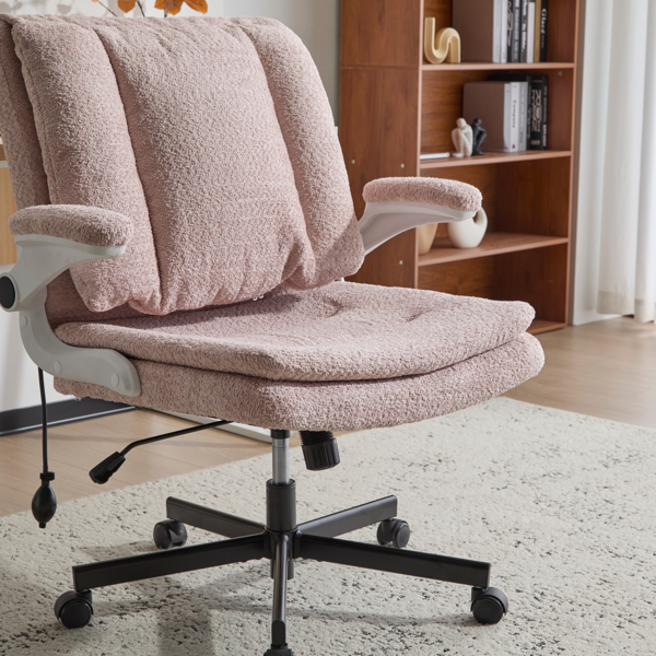 翻转式后背内置动态气囊腰靠十字交叉腿办公椅，宽座办公桌椅带翻转扶手与轮子，现代家用办公室梳妆台粉色十字交叉腿椅-14