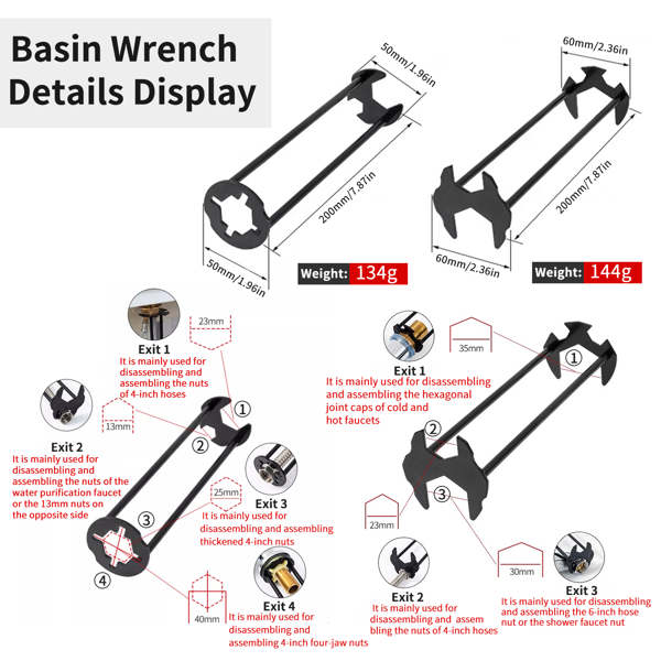 6 件套面盆扳手套装，8 合 1 水槽浴室水龙头扳手，可调扳手宽嘴短柄 10-70 毫米，用于洗脸盆、管子、螺母拆卸安装的通用水暖工具-10
