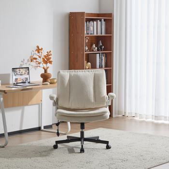 翻转式后背内置动态气囊腰靠十字交叉腿办公椅，宽座办公桌椅带翻转扶手与轮子，现代家用办公室梳妆台米色十字交叉腿椅