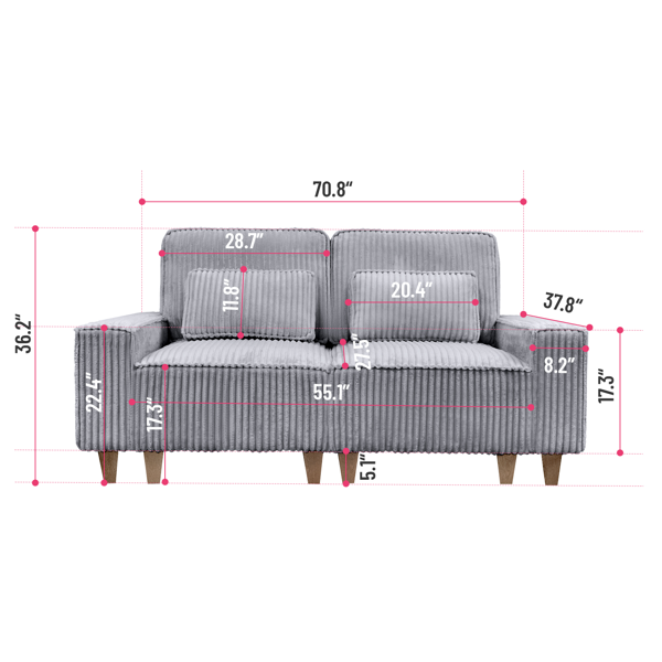 深座灯芯绒双人沙发，配拉丝不锈钢杯架及2个装饰靠枕，舒适客厅双人座沙发-3