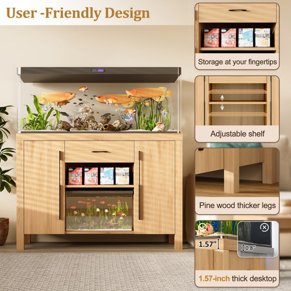 55-75加仑鱼缸架，带电源插座，重型水族箱架，带2个柜子和储物抽屉，加厚桌面和支架，适用于爬行动物饲养箱，承重880磅，天然色-2