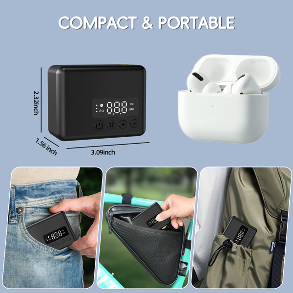 口袋空气泵 迷你自行车泵 电动130PSI 配有Presta和Schrader气嘴 自动停止 快速充气 Type-C可充电电池 适用于所有自行车和球类 体育必备无线胎压机-4