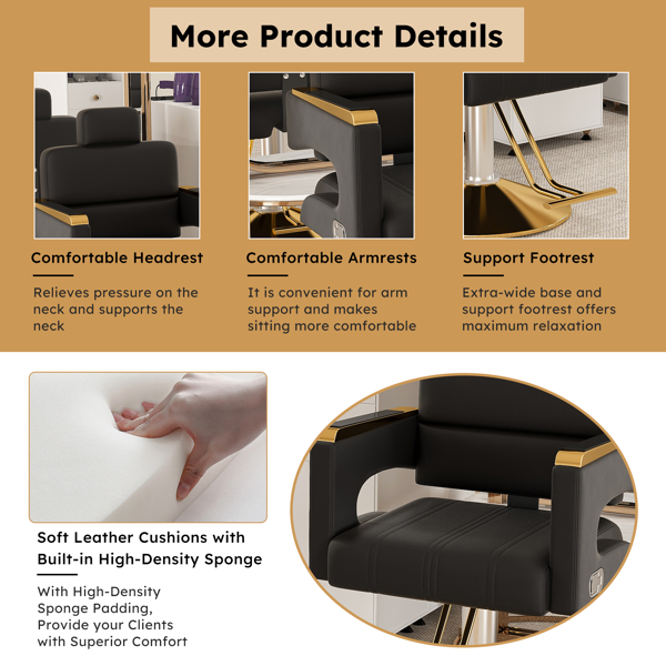 专业液压理发椅 - 360°旋转，高度可调，不锈钢扶手和可调节靠背，适用于沙龙和理发店-5