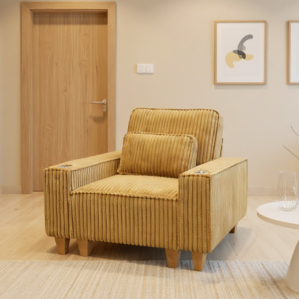 深座灯芯绒扶手椅，配拉丝不锈钢杯架与装饰靠枕，打造客厅温馨点缀椅-2