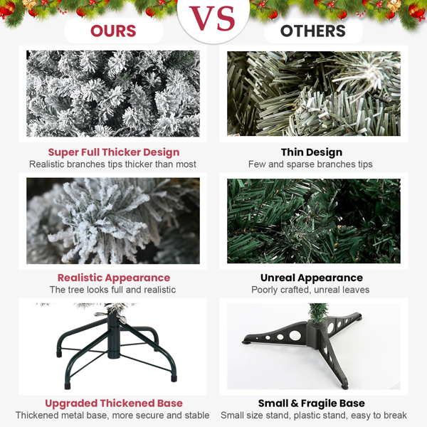 7英尺植绒圣诞树 – 人造雪景圣诞树，1022个树枝，饱满的PVC材质，坚固的金属支架，营造冬日仙境般的家居、办公室或公寓装饰-8