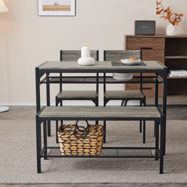 拆装 MDF 黑色铁管 灰色 餐桌椅套装 1桌1长凳2椅 长方形-29