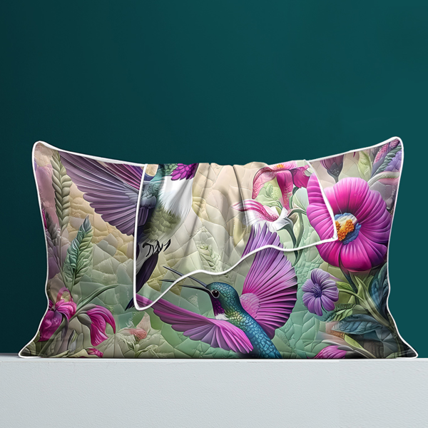 自产色丁枕套（一对装,白色麻绳） 喇叭花蜂鸟 90X51cm（temu仅可自提）-7