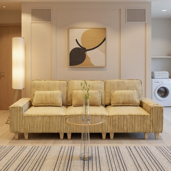 深座三人座灯芯绒沙发，配拉丝不锈钢杯架及3个装饰靠枕，现代舒适客厅沙发-2