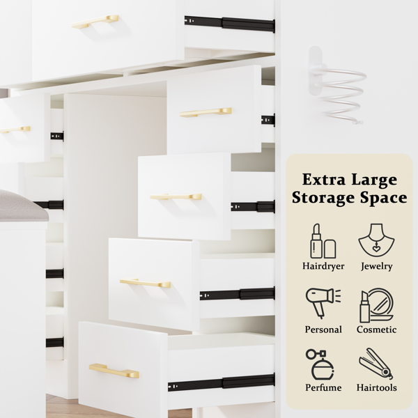 46英寸玻璃台面梳妆台，带10个抽屉、镜子和凳子，3种照明模式，电源插座，静音滑轨，白色大号梳妆台，适用于卧室-13