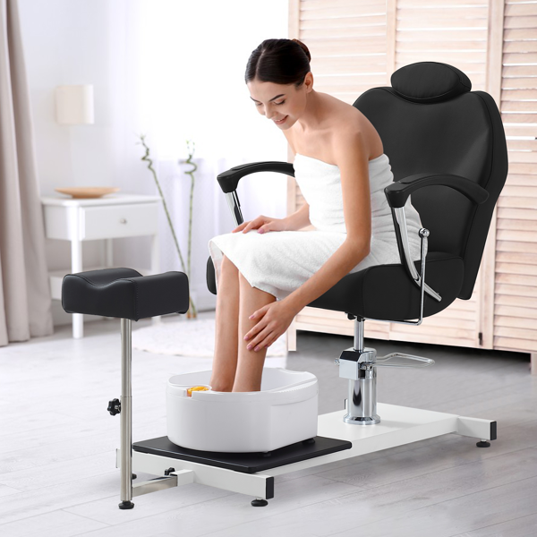 足部护理站座椅（含脚踏板及足浴盆），360度旋转可躺式足部护理椅，配备液压升降高度调节及头枕功能 - 黑色款-11