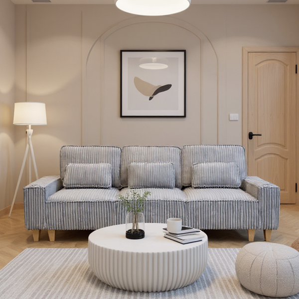 深座三人座灯芯绒沙发，配拉丝不锈钢杯架及3个装饰靠枕，现代舒适客厅沙发-2