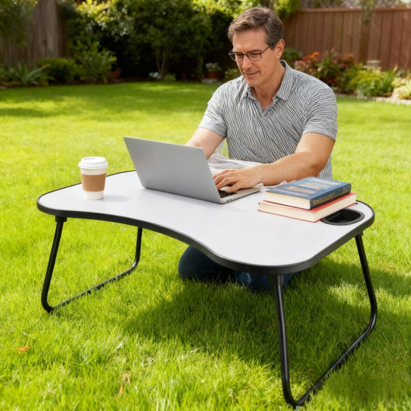 便携式笔记本电脑桌，灰色和白色哑光金属和木质结构，可折叠设计，带杯架，26.5 x 18.5英寸，适用于床、车、沙发、家庭和户外使用（灰色+白色哑光）-3