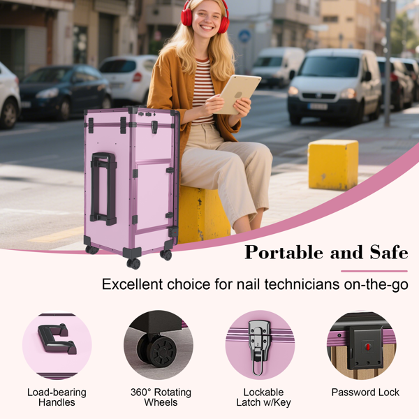 便携式美甲桌，带 LED 镜子、蓝牙、可上锁抽屉、伸缩杆 - 沙龙折叠美甲台（粉色）-11
