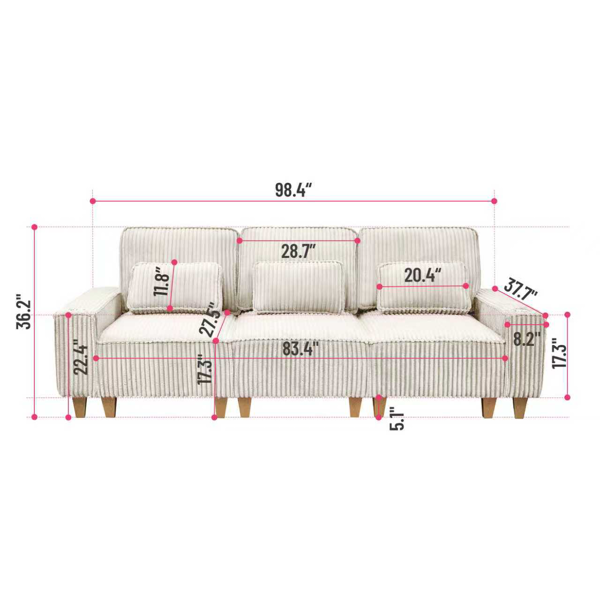 深座三人座灯芯绒沙发，配拉丝不锈钢杯架及3个装饰靠枕，现代舒适客厅沙发-4