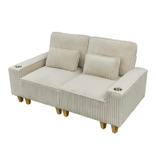 深座灯芯绒双人沙发，配拉丝不锈钢杯架及2个装饰靠枕，舒适客厅双人座沙发-1