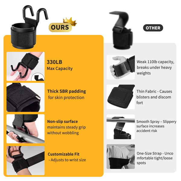 男女举重挂钩（一对），330 磅重型健身房举重腕带挂钩，适用于硬拉、引体向上、力量训练，0.4 英寸握力青少年举重挂钩-3