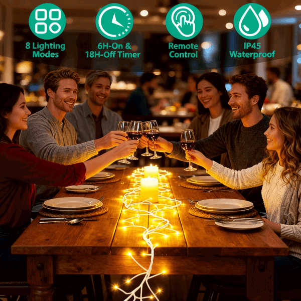 （自提可发加拿大，temu，tk下自提单）-发光桦树花环，7.87英尺（约2.4米）长，含144颗暖白LED灯珠，8种模式可选，配备遥控器与定时器，IP45防水等级柔性枝条，适用于家居装饰。-2