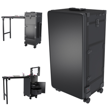 便携式美甲桌，带 LED 镜子、蓝牙、可上锁抽屉、伸缩杆 - 沙龙折叠美甲台（黑色）