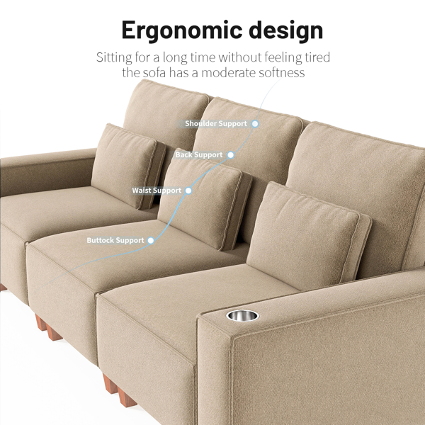 雪尼尔深座三人沙发，配拉丝不锈钢杯架及3个装饰靠枕，现代舒适客厅沙发-8