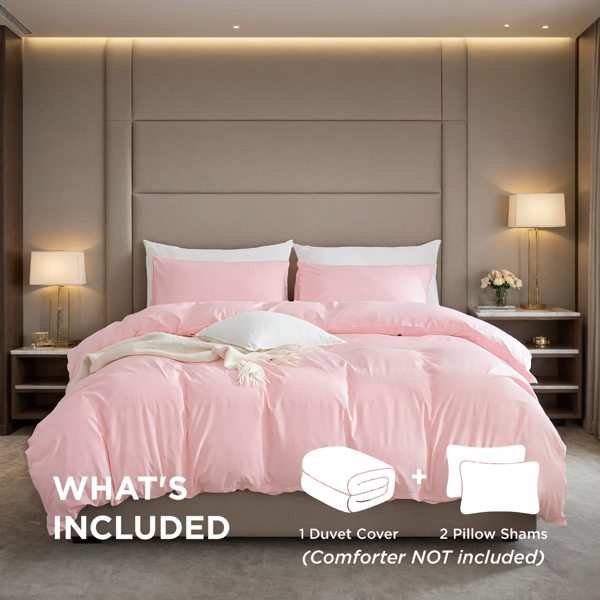 2件装白色粉色三件套套装，纯色被套包含一只被套两只枕套，男生女生单人双人床使用，四季通用，可爱男生女生卧室宿舍酒店款式，圣诞节礼物-3