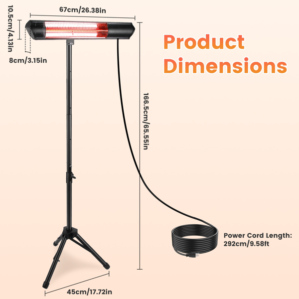 （自提可发加拿大,TK,temu建议下自提单）1500W红外线取暖器（室内外两用），三档温度调节（600W/1000W/1500W），IP65防水等级，配备可调节三脚架壁挂支架，附遥控器及定时器，适用于露台、后院及客厅。-8