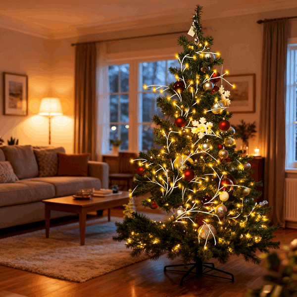 （自提可发加拿大，temu，tk下自提单）-发光桦树花环，7.87英尺（约2.4米）长，含144颗暖白LED灯珠，8种模式可选，配备遥控器与定时器，IP45防水等级柔性枝条，适用于家居装饰。-1