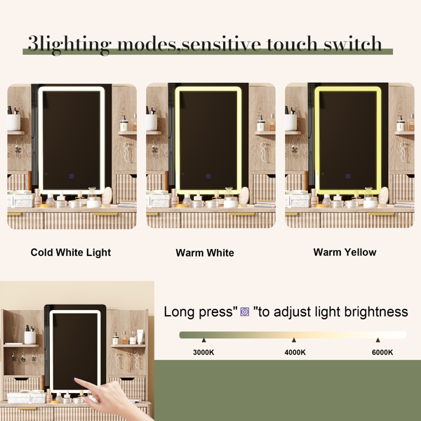 七屉梳妆台，带LED镜和精美雕刻细节；凹槽化妆桌，金属桌腿，PU凳；雕花梳妆台，带珠宝收纳空间，适用于卧室-3