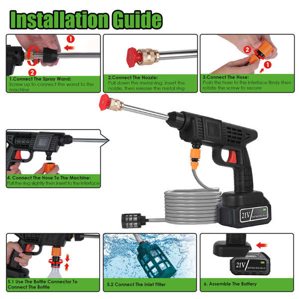 （自提可发加拿大,TK,temu建议下自提单）-无线高压清洗机 400PSI，300W便携式高压清洗机，配备2个喷嘴及泡沫瓶，1200mAh可充电电池，适用于汽车、自行车、露台、窗户及围栏清洁-2