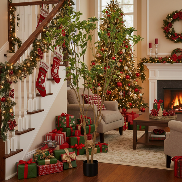 5.2英尺仿真柑橘树人造植物逼真树叶与小花假树完美家居装饰办公室、客厅、门廊、地板装饰 FBA发货-3