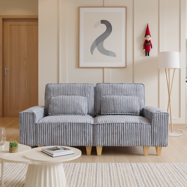 深座灯芯绒双人沙发，配拉丝不锈钢杯架及2个装饰靠枕，舒适客厅双人座沙发-2