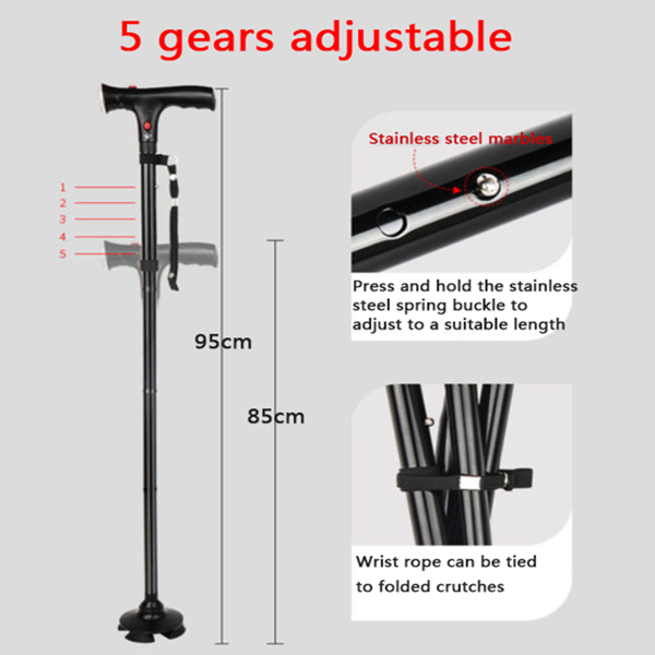 野营徒步手杖5级高度可调折叠手杖带LED灯和警报-2