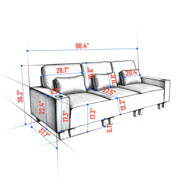 雪尼尔深座三人沙发，配拉丝不锈钢杯架及3个装饰靠枕，现代舒适客厅沙发-4