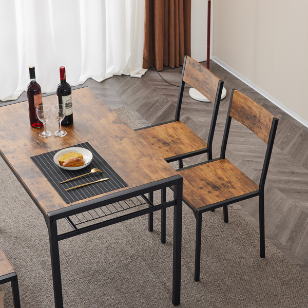 拆装 MDF 黑色铁管 火烧木 餐桌椅套装 1桌1长凳2椅 长方形-21