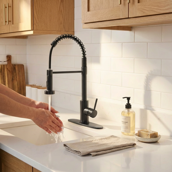 带下拉式喷雾器的厨房水龙头，适用于农舍露营者洗衣设施的1孔或3孔水龙头，Rv湿吧水槽，不锈钢，哑光黑色【周末不发货，TK/TEMU订单仅支持自提】-6