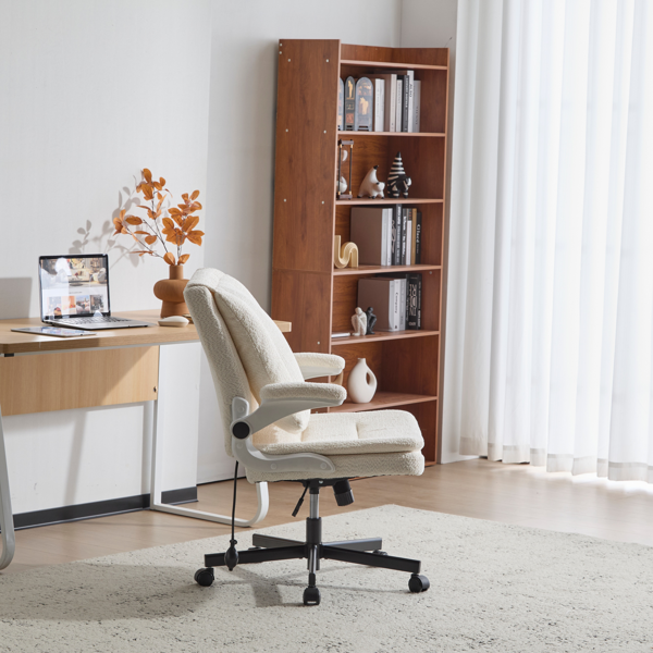 翻转式后背内置动态气囊腰靠十字交叉腿办公椅，宽座办公桌椅带翻转扶手与轮子，现代家用办公室梳妆台米色十字交叉腿椅-4