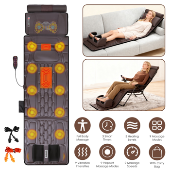 （自提可发加拿大，temu&tk下自提单）全身加热按摩垫，配备12个按摩头与9种振动模式，可拆卸指压式颈部及足部按摩器，缓解背部/腿部疼痛--棕色皮款