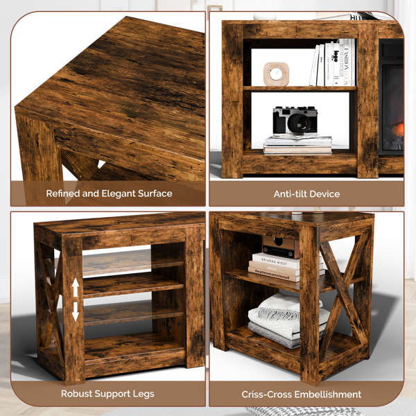 腐木色 178*34.5*60cm 浮雕刨花板贴三胺 双面交叉 壁炉电视柜 & 23in壁炉芯-3