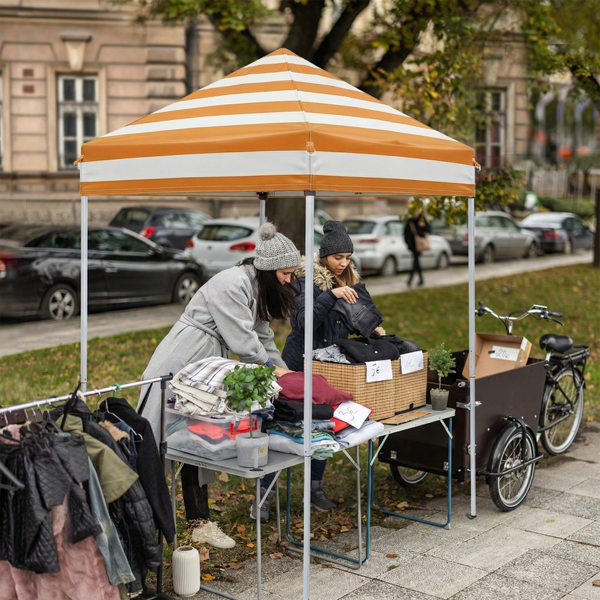 5X5FT 橙白条纹 4围(2围2门)  折叠棚 顶布/围布橙白条纹涂银 210D牛津布 白色喷塑钢管 带2个网格收纳袋 配拎包-14