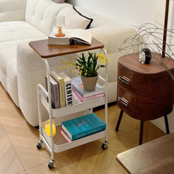 小推车置物架 白色铁架+深木纹桌板 带轮