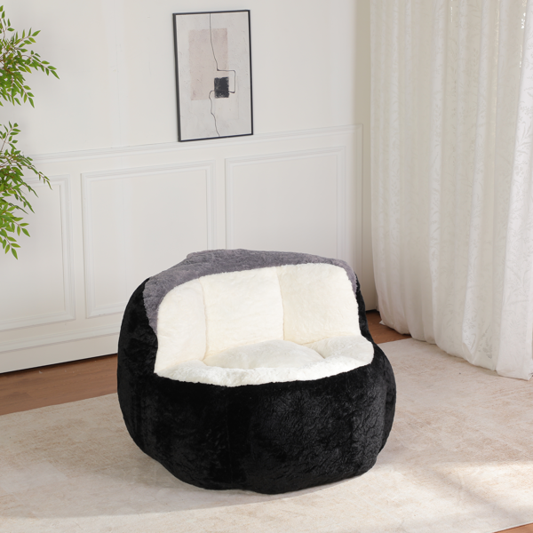 超大豆袋椅、填充海绵丝的多色人造毛皮沙发、客厅大沙发、无需组装、黑色+白色+灰色-2