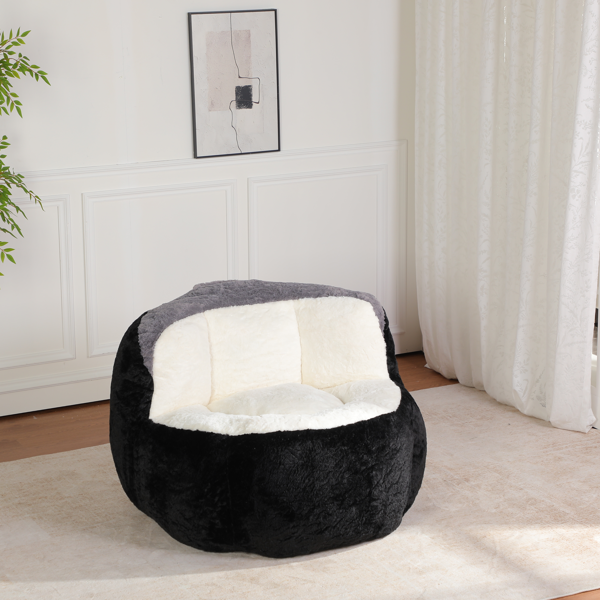 超大豆袋椅、填充海绵丝的多色人造毛皮沙发、客厅大沙发、无需组装、黑色+白色+灰色-4