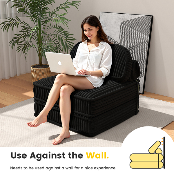 可转换灯芯绒休闲椅，带簇绒设计、全泡沫支撑、折叠睡床及可调节弧形靠枕，适用于客厅或卧室的压缩沙发椅-11