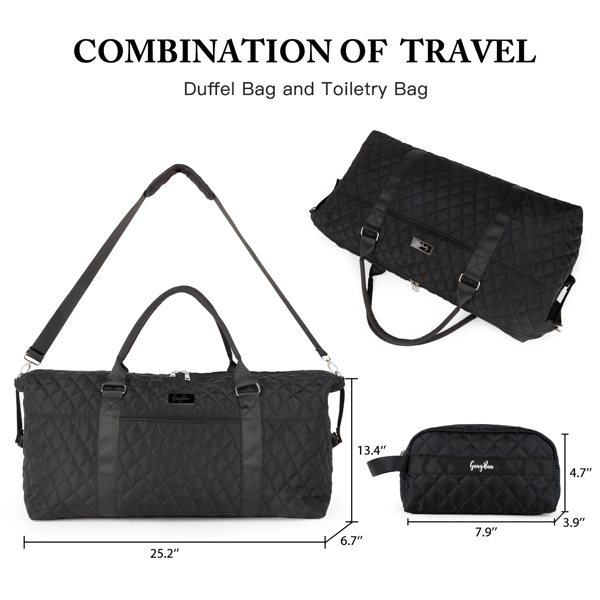 女士旅行帆布包，大号过夜周末包，配可调节肩带、防水湿物袋，可登机运动托特包，医院待产包-黑色-2