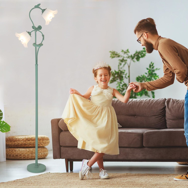 客厅花朵落地灯，复古落地灯，配2个5W LED灯泡，脚踏开关，绿色亚克力灯罩立式落地灯，独特的花卉造型高脚灯，适合客厅、卧室、角落和办公室。-6